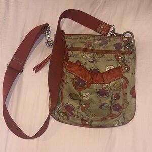 Fossil Green Crossbody Bag with Red Floral Design